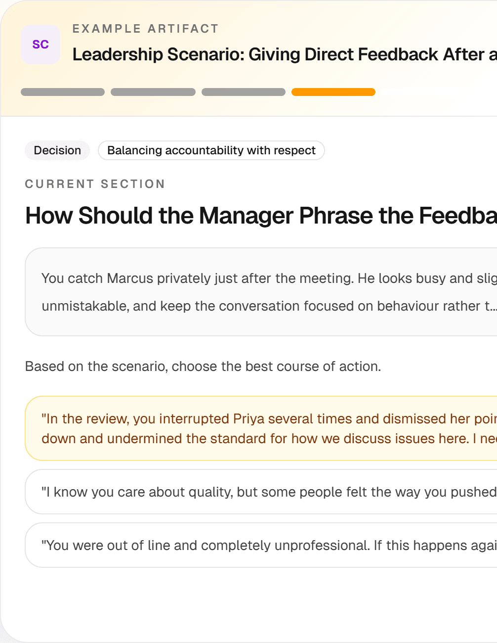 Preview screenshot of the leadership feedback scenario example