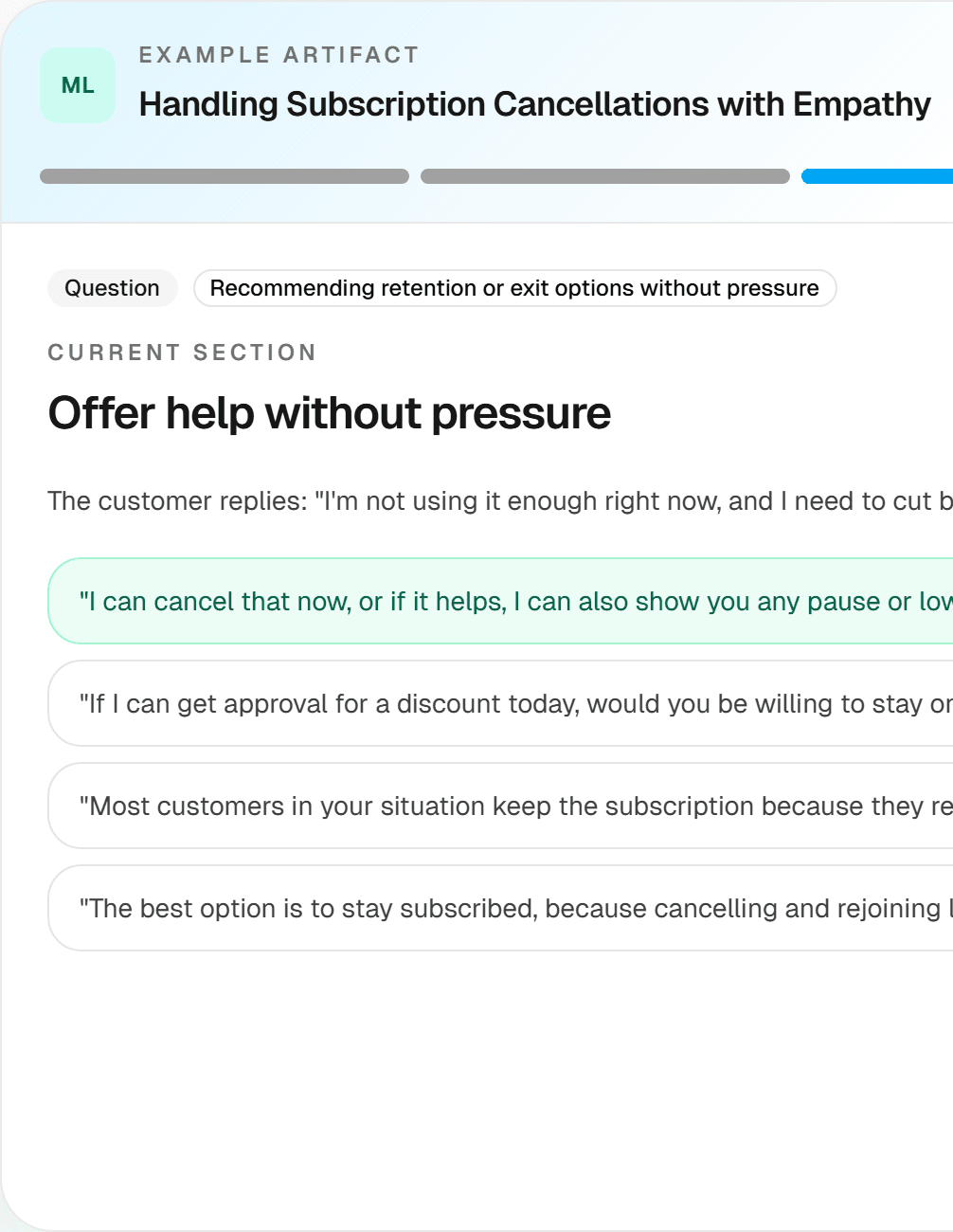 Preview screenshot of the cancellation-handling microlearning example